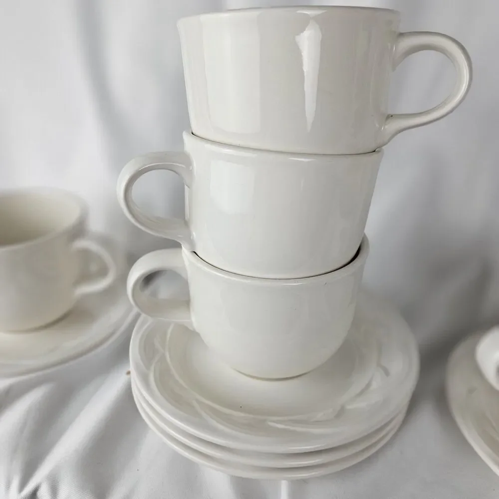 Vintage Pfaltzgraff ACADIA WHITE 4 Tea‎ Coffee Cup & Saucer Sets USA ec 1